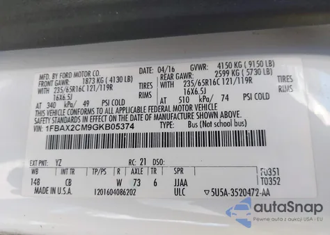 2016 Ford Transit-350 Xlt из США, поврежденный, VIN 1FBAX2CM9GKB05374